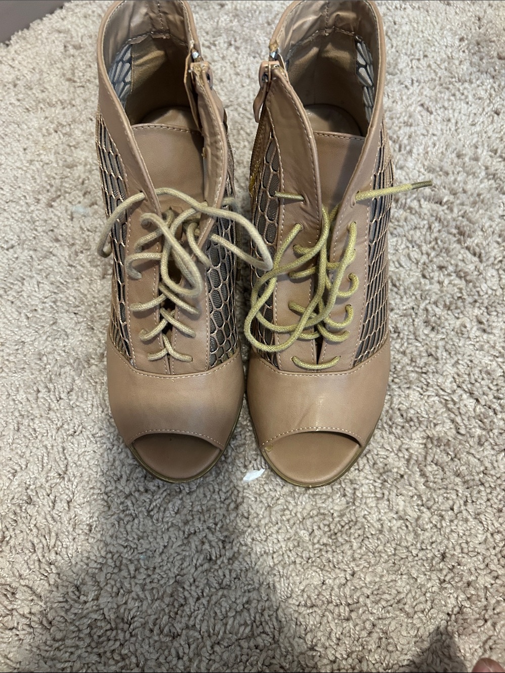 Women's Tan Peep-Toe Lace-Up Booties